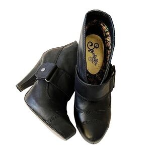 Seychelles black leather high heel booties with buckle detail